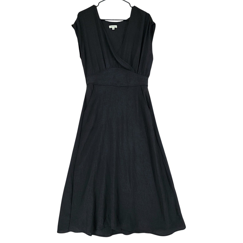 Max Studio Maxi Dress M Black VNeck Sleeveless Pockets Midi Faux Wrap Flattering